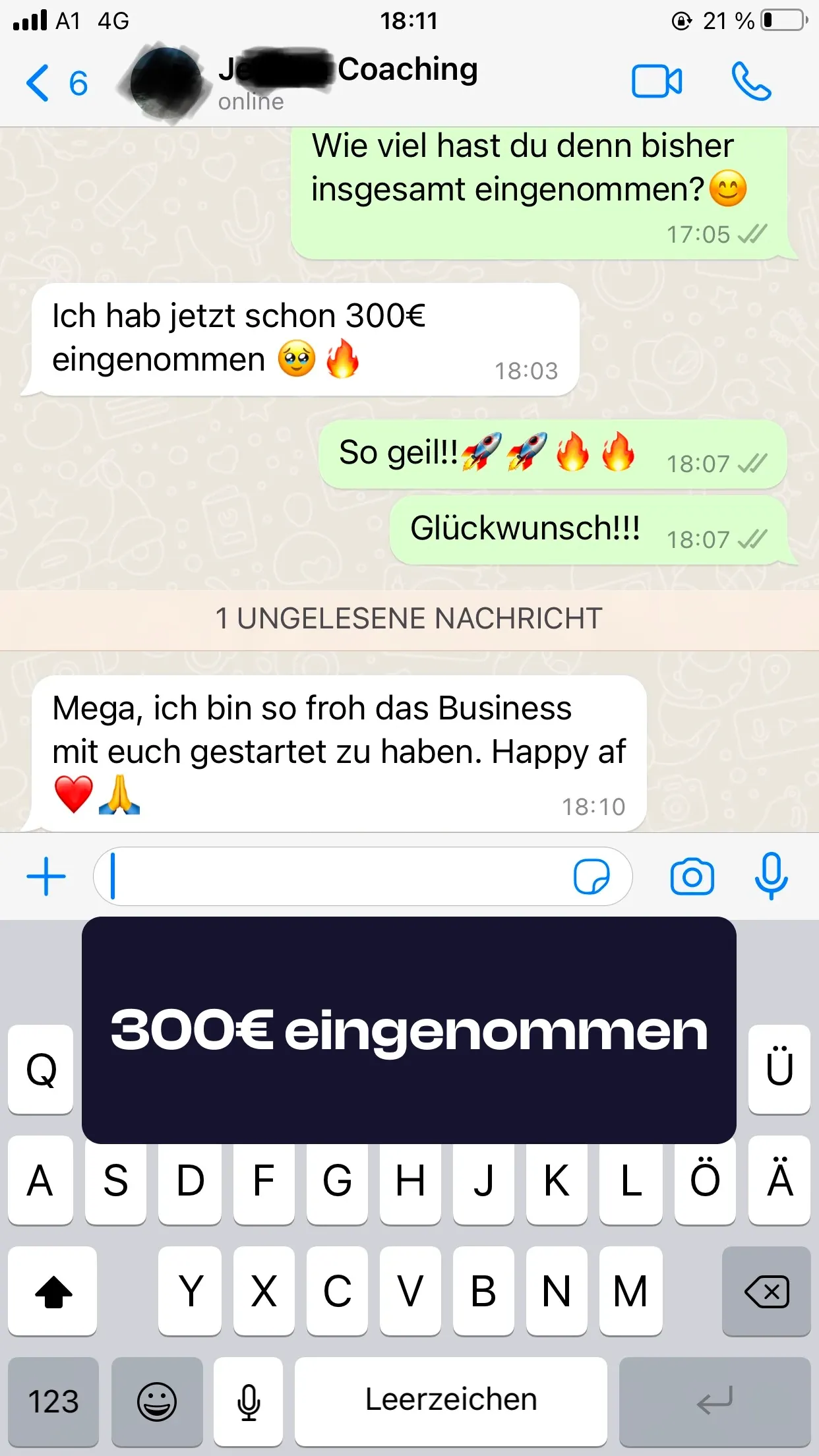 Chat-Screenshot einer Teilnehmerin: 300€ eingenommen