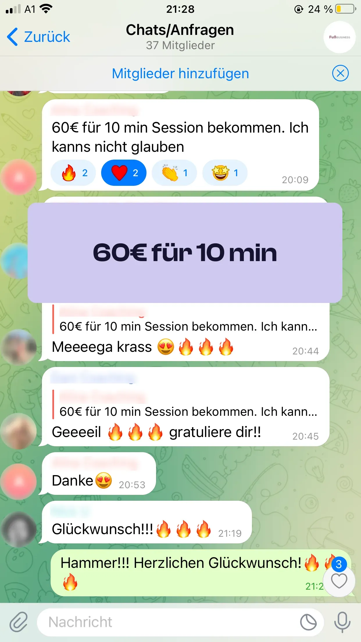Chat-Screenshot einer Teilnehmerin: 60€ für 10 Minuten