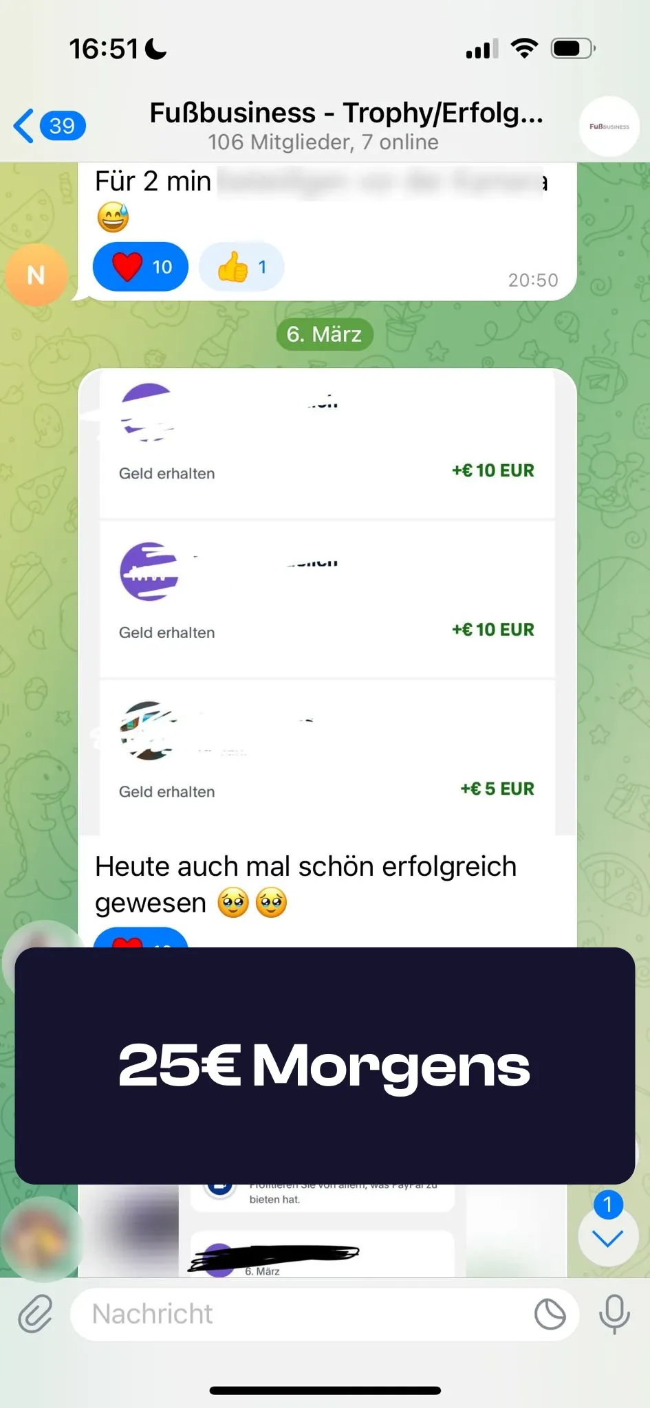 Chat-Screenshot einer Teilnehmerin: 25€ morgens