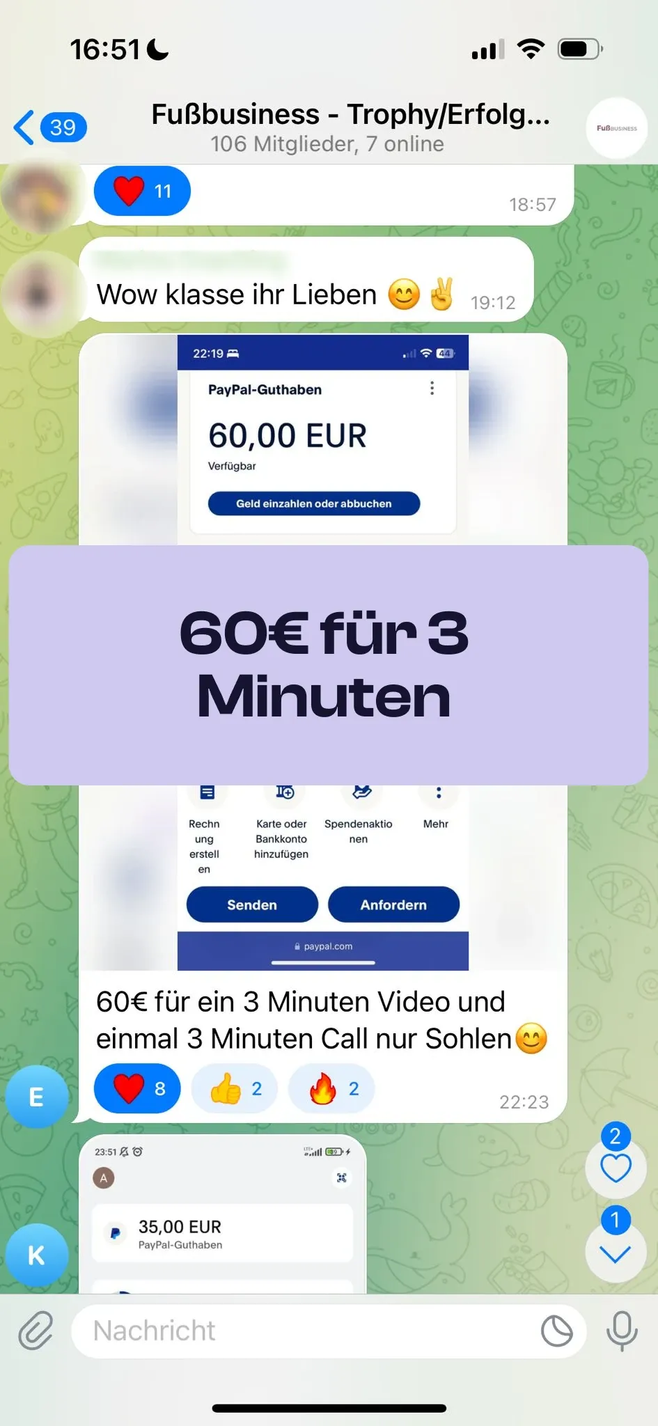 Chat-Screenshot einer Teilnehmerin: 60€ für 3 Minuten