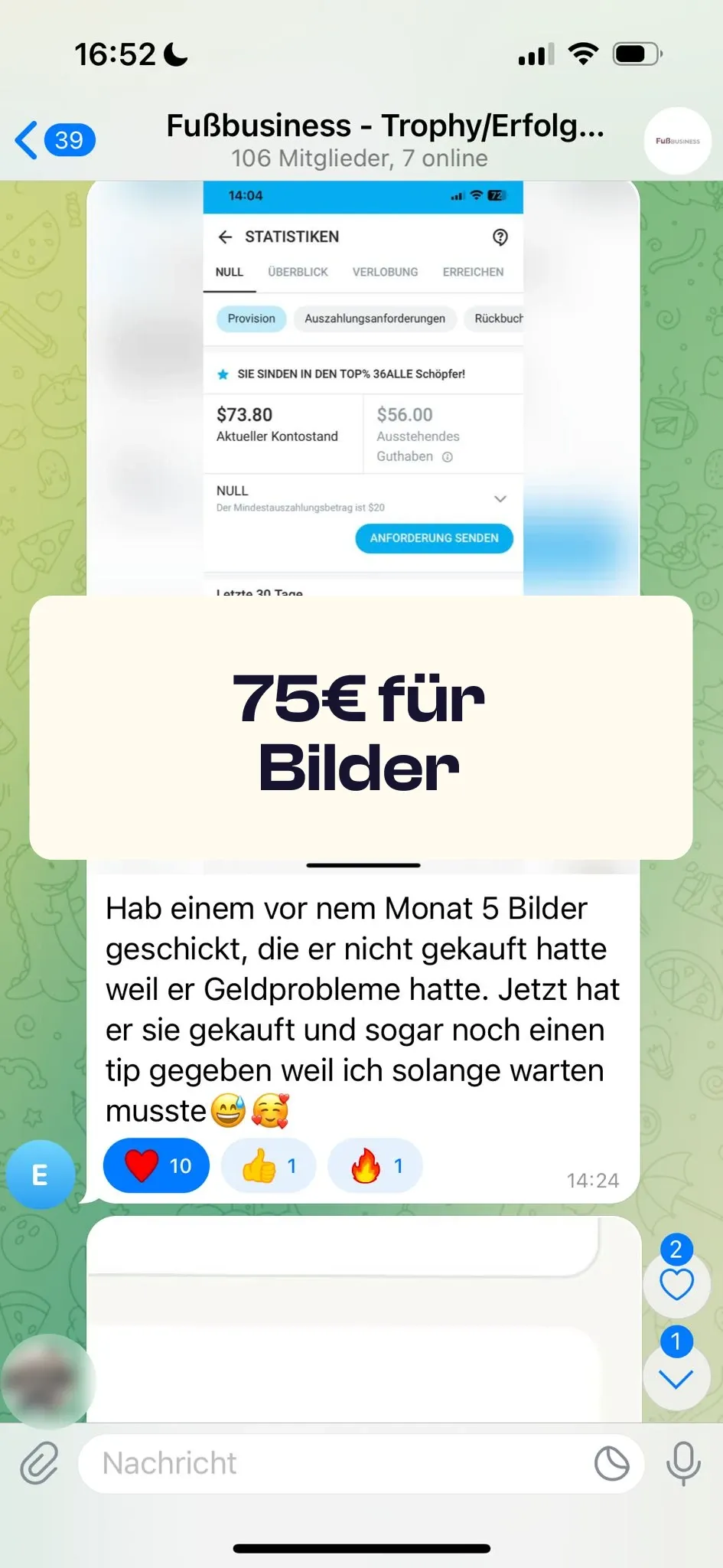 Chat-Screenshot einer Teilnehmerin: 75€ für Bilder