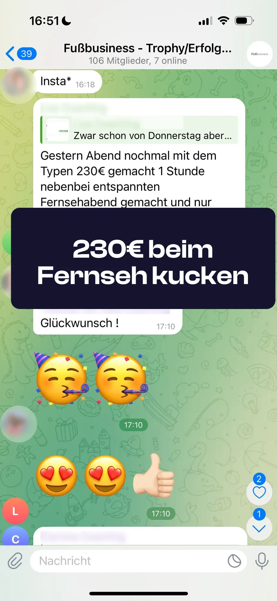 Chat-Screenshot einer Teilnehmerin: 230€ beim Fernseh kucken