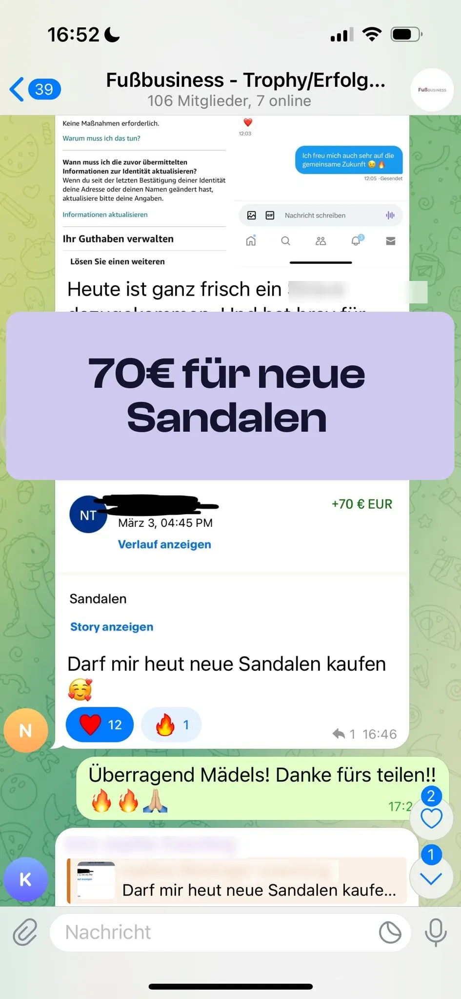 Chat-Screenshot einer Teilnehmerin: 70€ für neue Sandalen