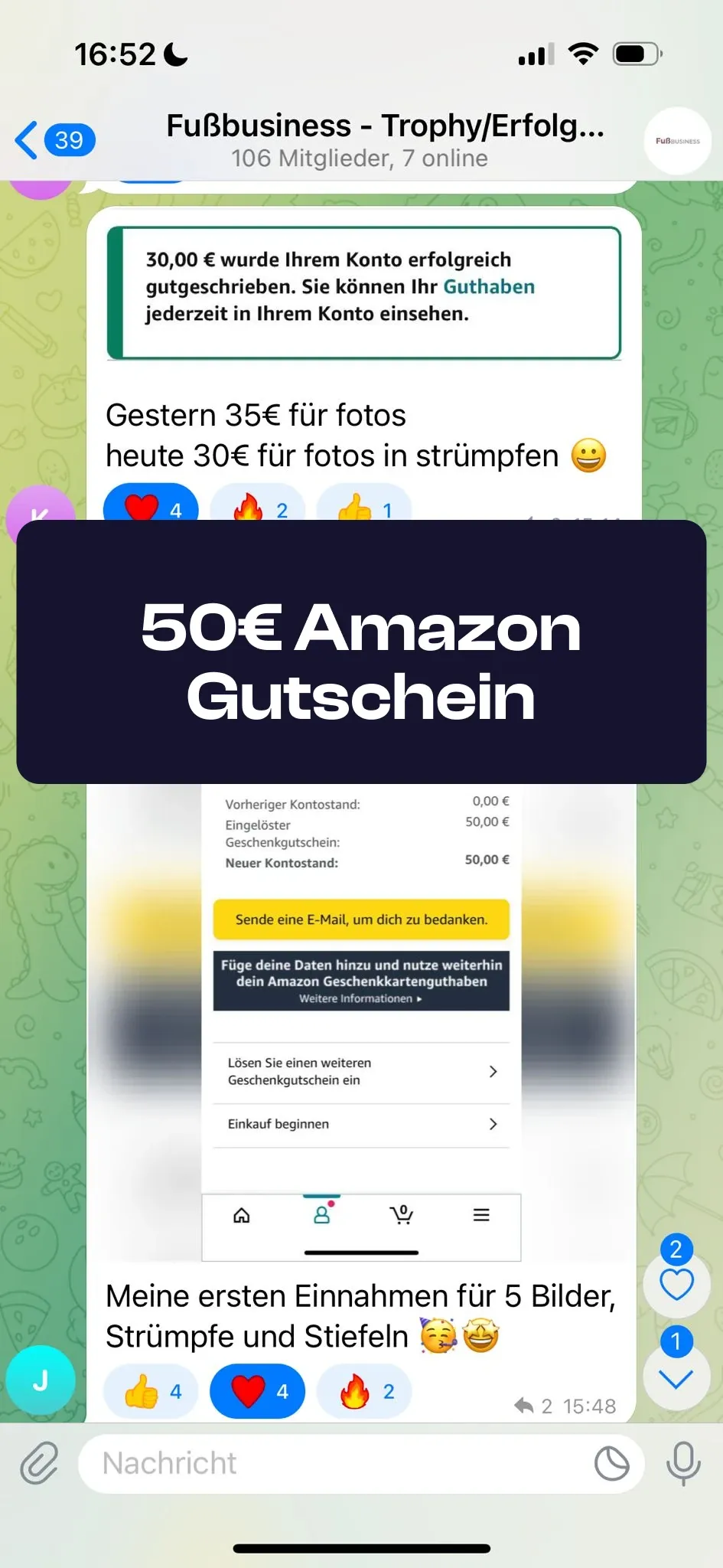 Chat-Screenshot einer Teilnehmerin: 50€ Amazon-Gutschein