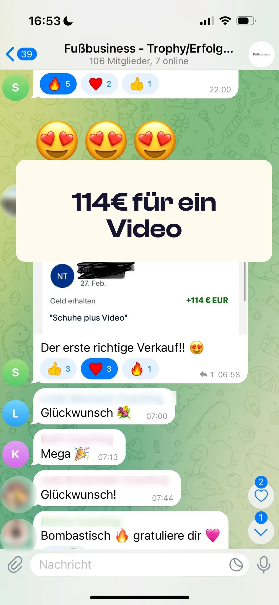 Chat-Screenshot einer Teilnehmerin: 114€ für ein Video