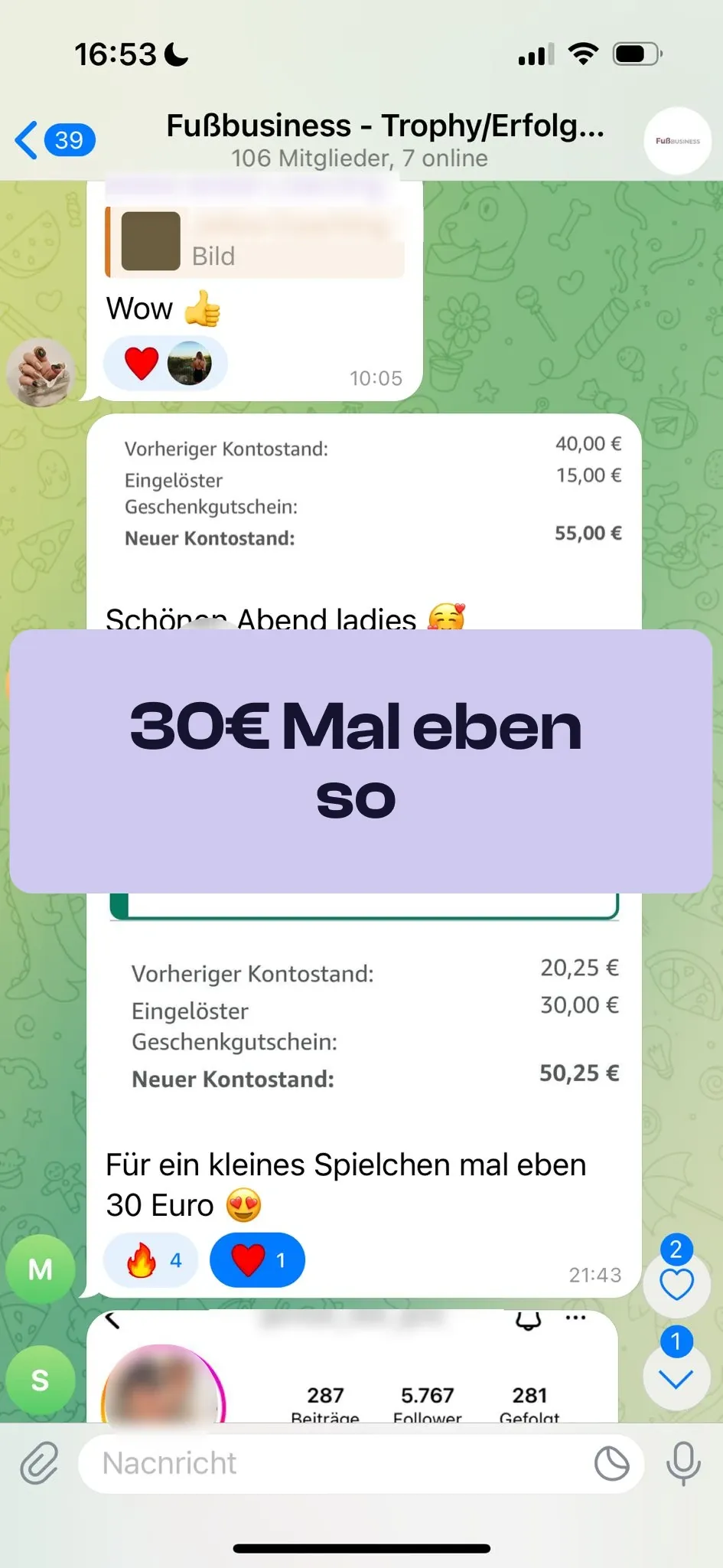 Chat-Screenshot einer Teilnehmerin: 30€ mal eben so