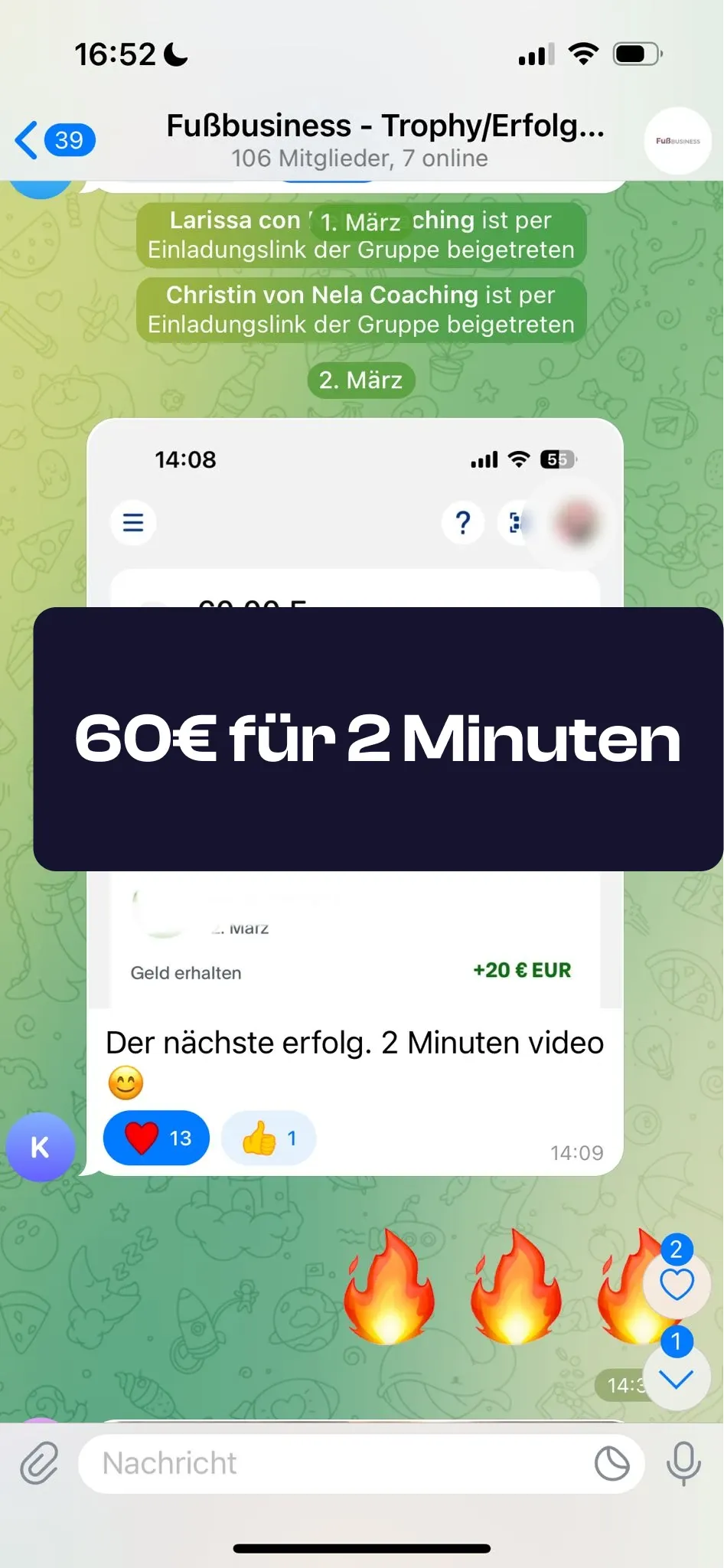 Chat-Screenshot einer Teilnehmerin: 60€ für 2 Minuten
