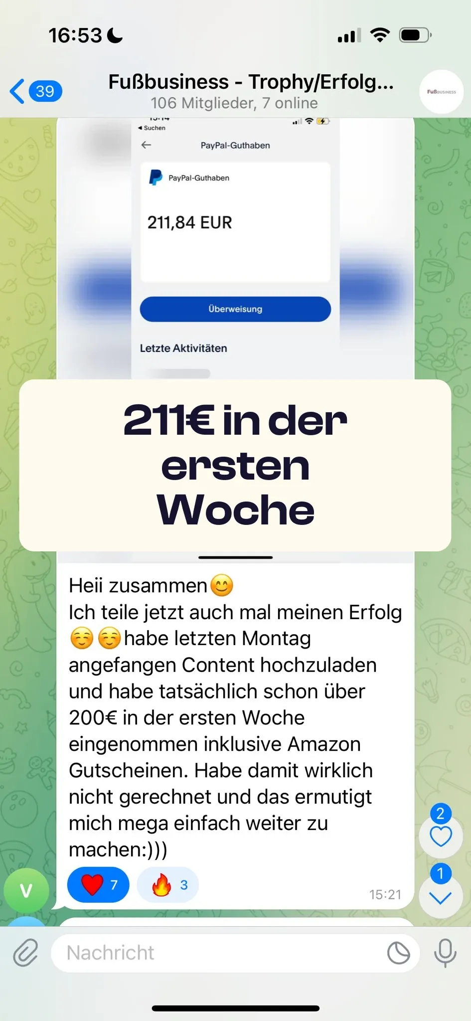 Chat-Screenshot einer Teilnehmerin: 211€ in der ersten Woche