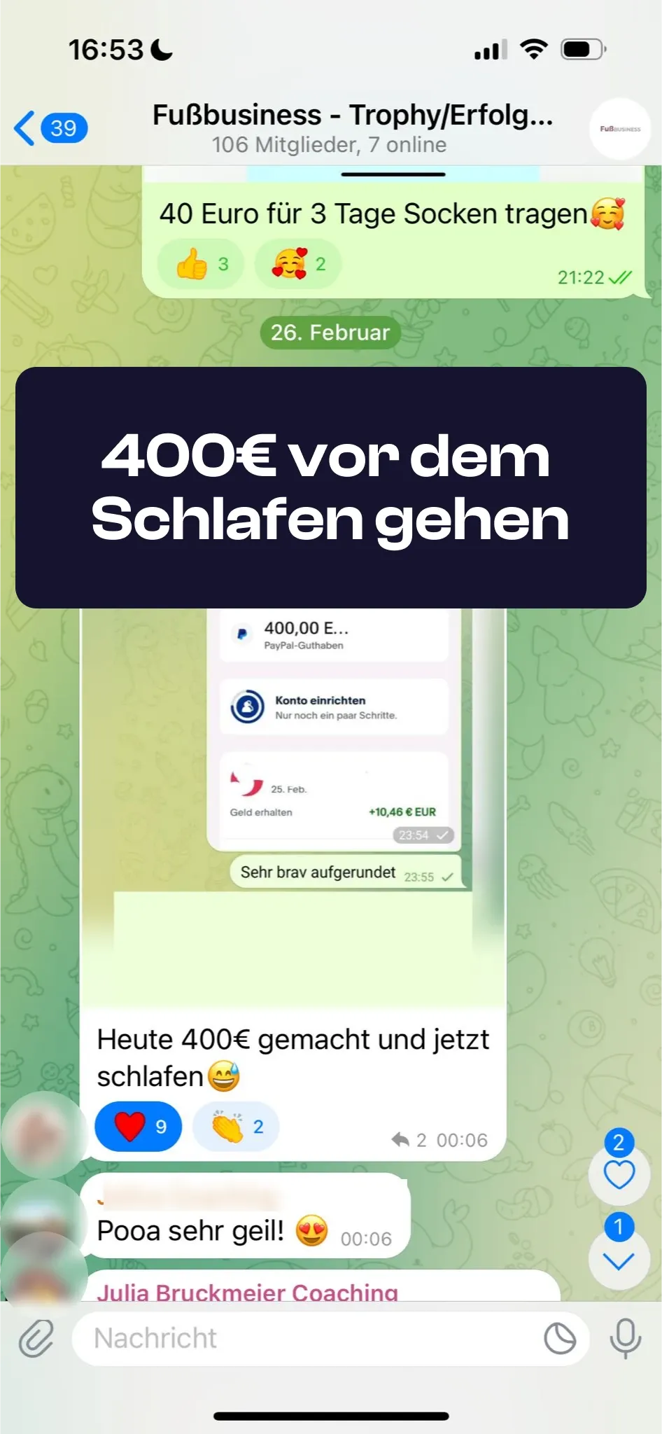 Chat-Screenshot einer Teilnehmerin: 400€ vor dem Schlafen gehen