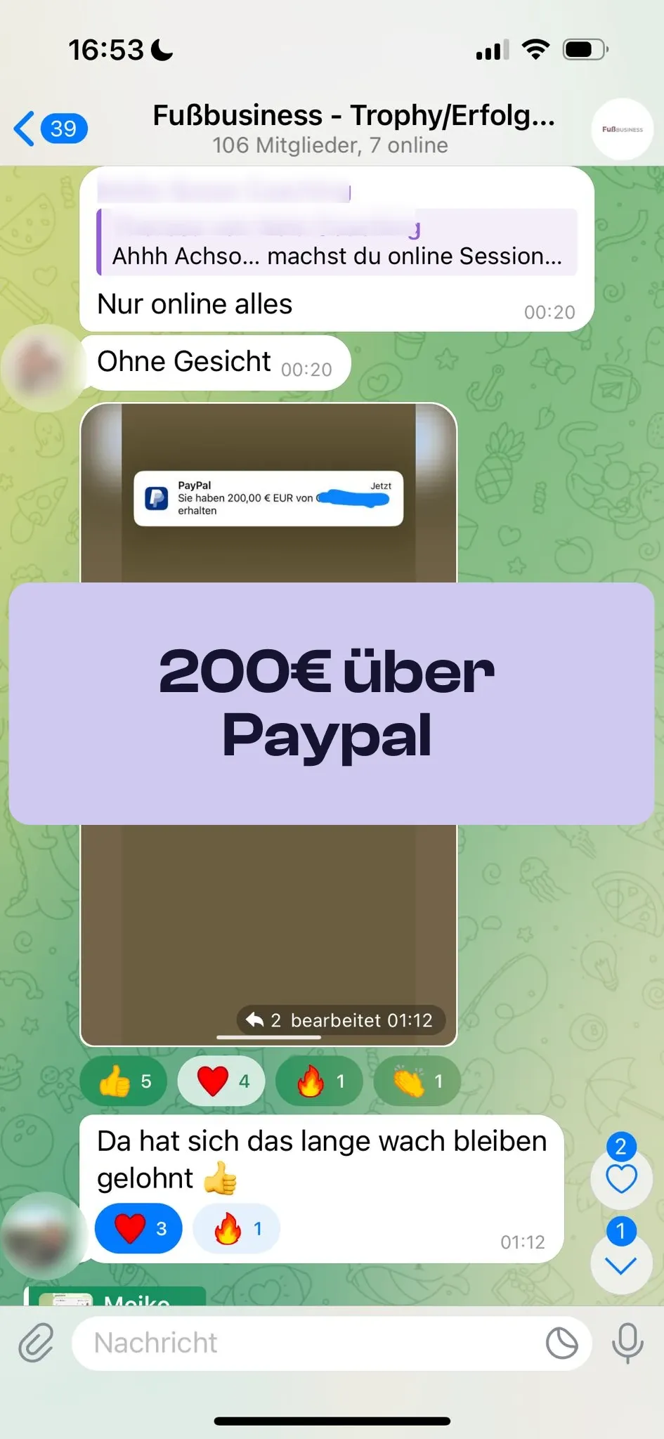 Chat-Screenshot einer Teilnehmerin: 200€ über PayPal