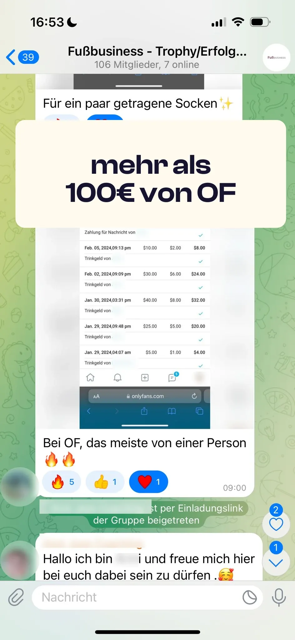 Chat-Screenshot einer Teilnehmerin: mehr als 100€ von OF