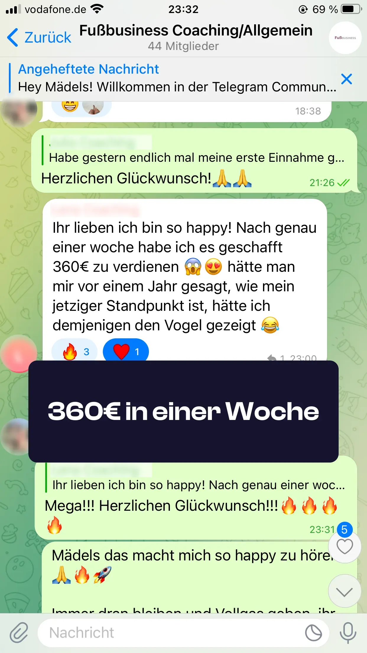 Chat-Screenshot einer Teilnehmerin: 360€ in einer Woche
