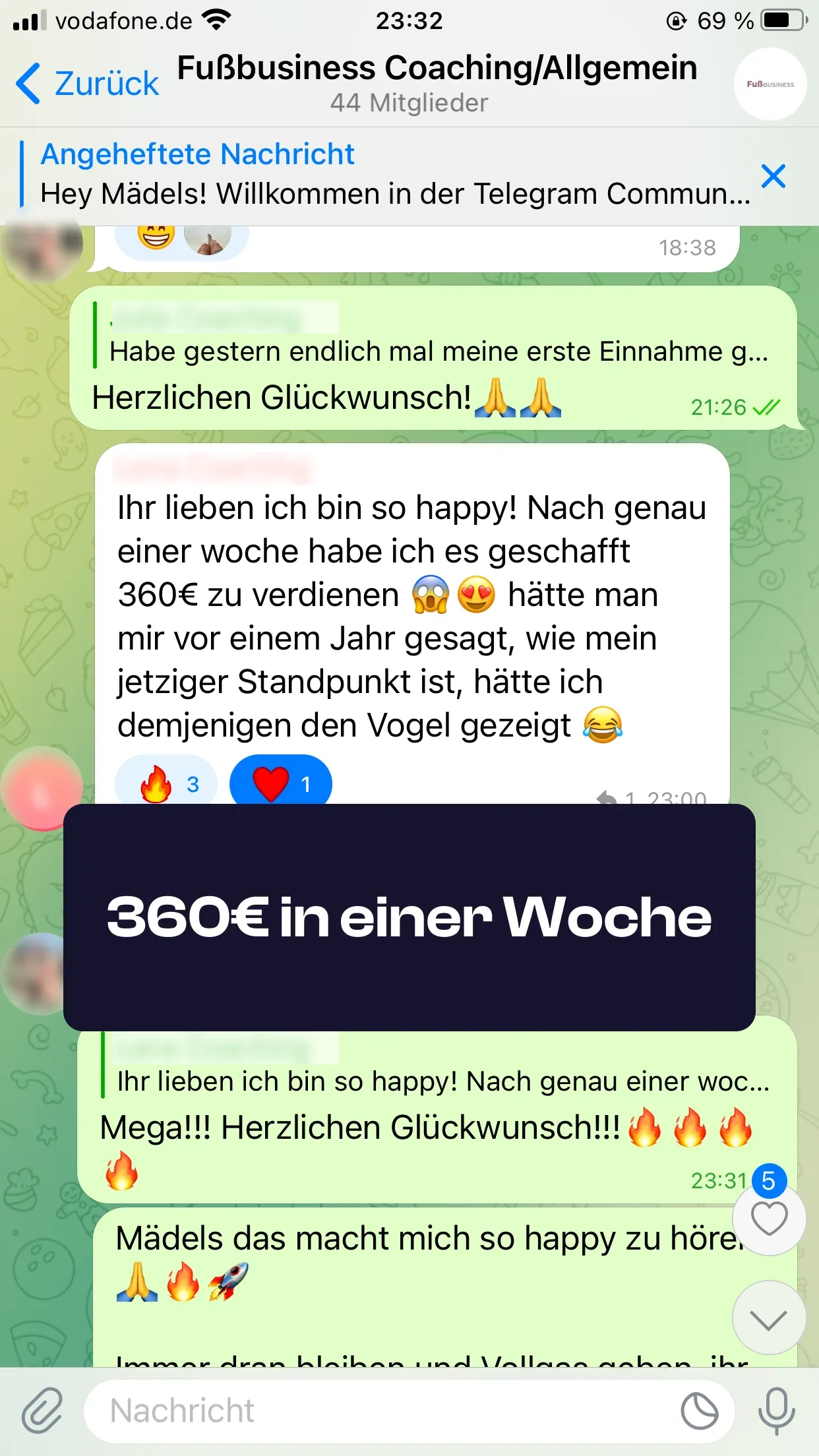 Chat-Screenshot einer Teilnehmerin: 360€ in einer Woche