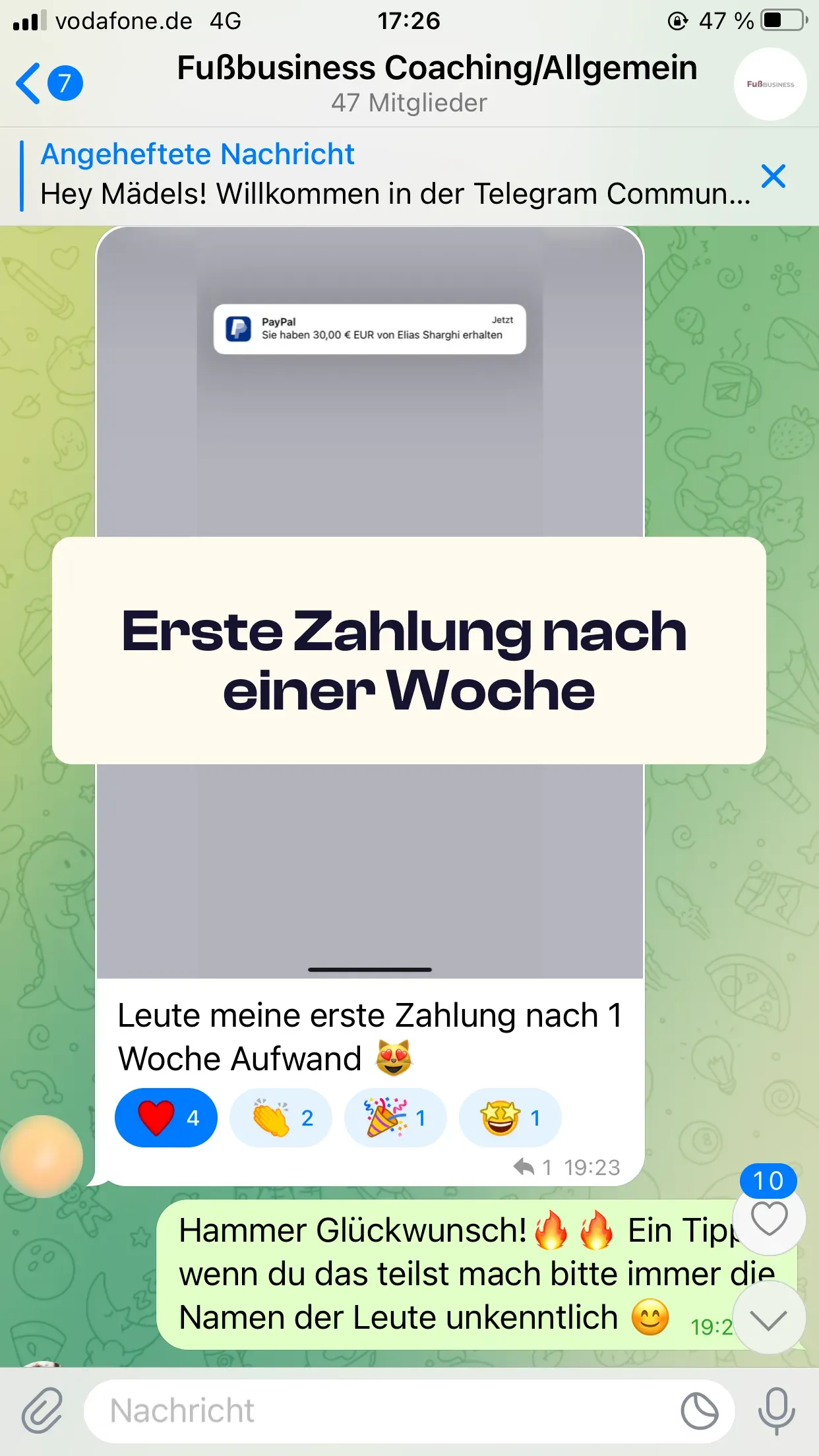 Chat-Screenshot einer Teilnehmerin: Erste Zahlung nach einer Woche