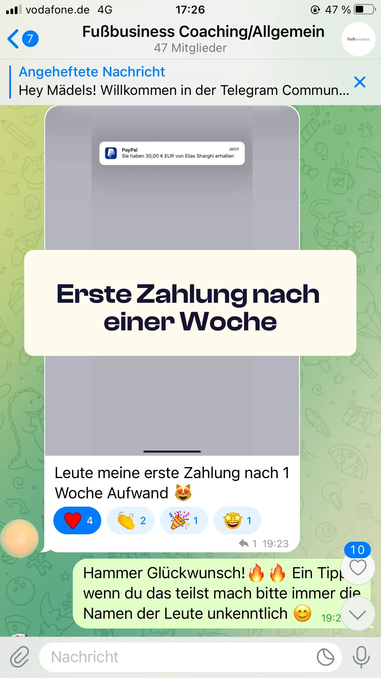 Chat-Screenshot einer Teilnehmerin: Erste Zahlung nach einer Woche