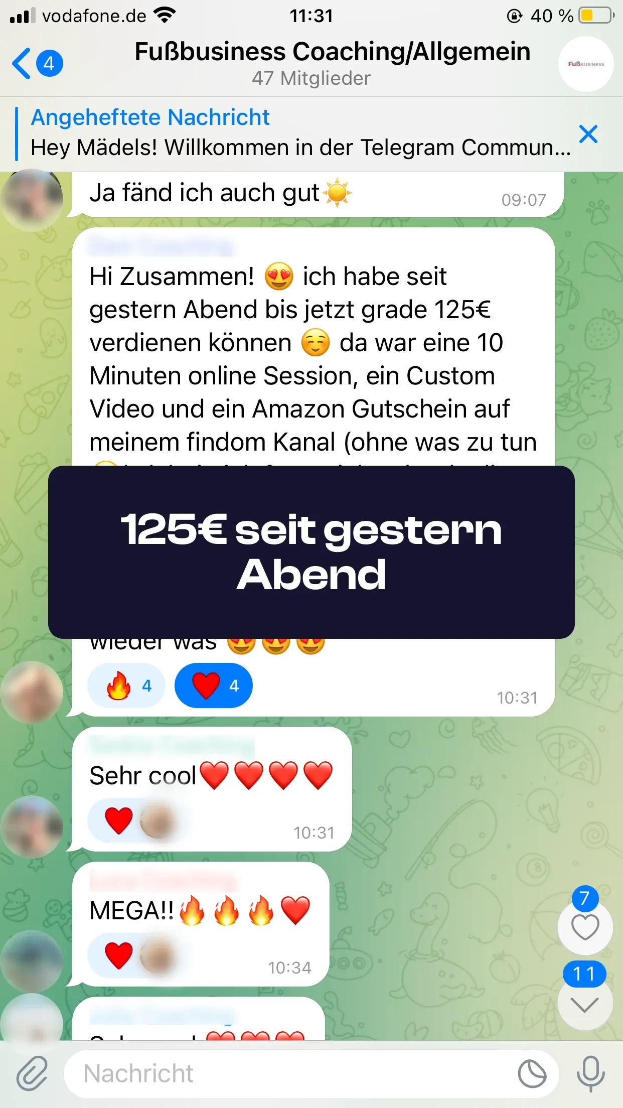 Chat-Screenshot einer Teilnehmerin: 125€ seit gestern Abend