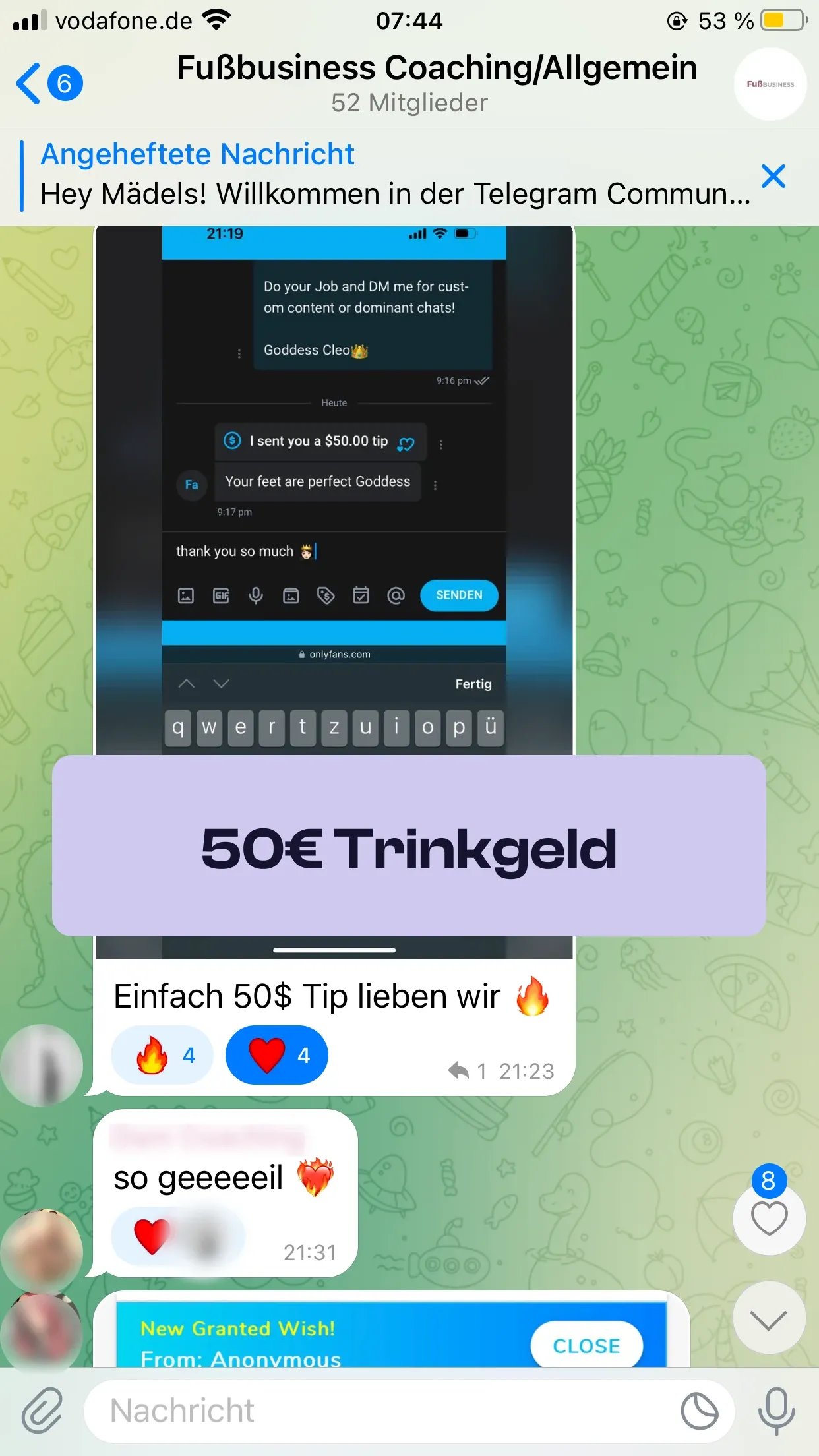 Chat-Screenshot einer Teilnehmerin: 50€ Trinkgeld
