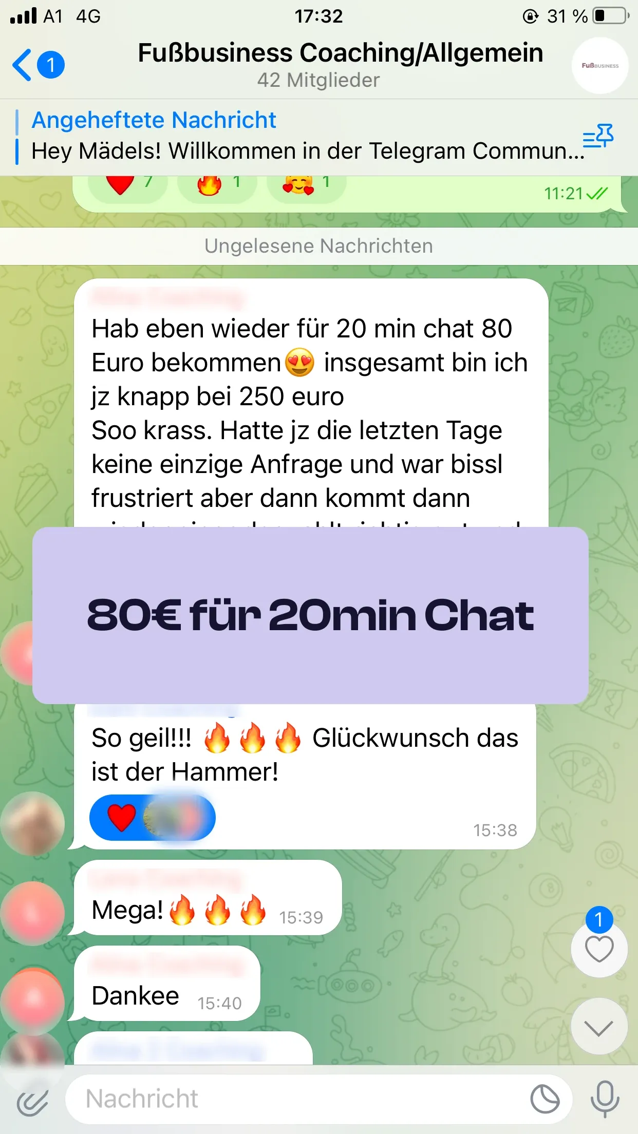 Chat-Screenshot einer Teilnehmerin: 80€ für 20 min Chat