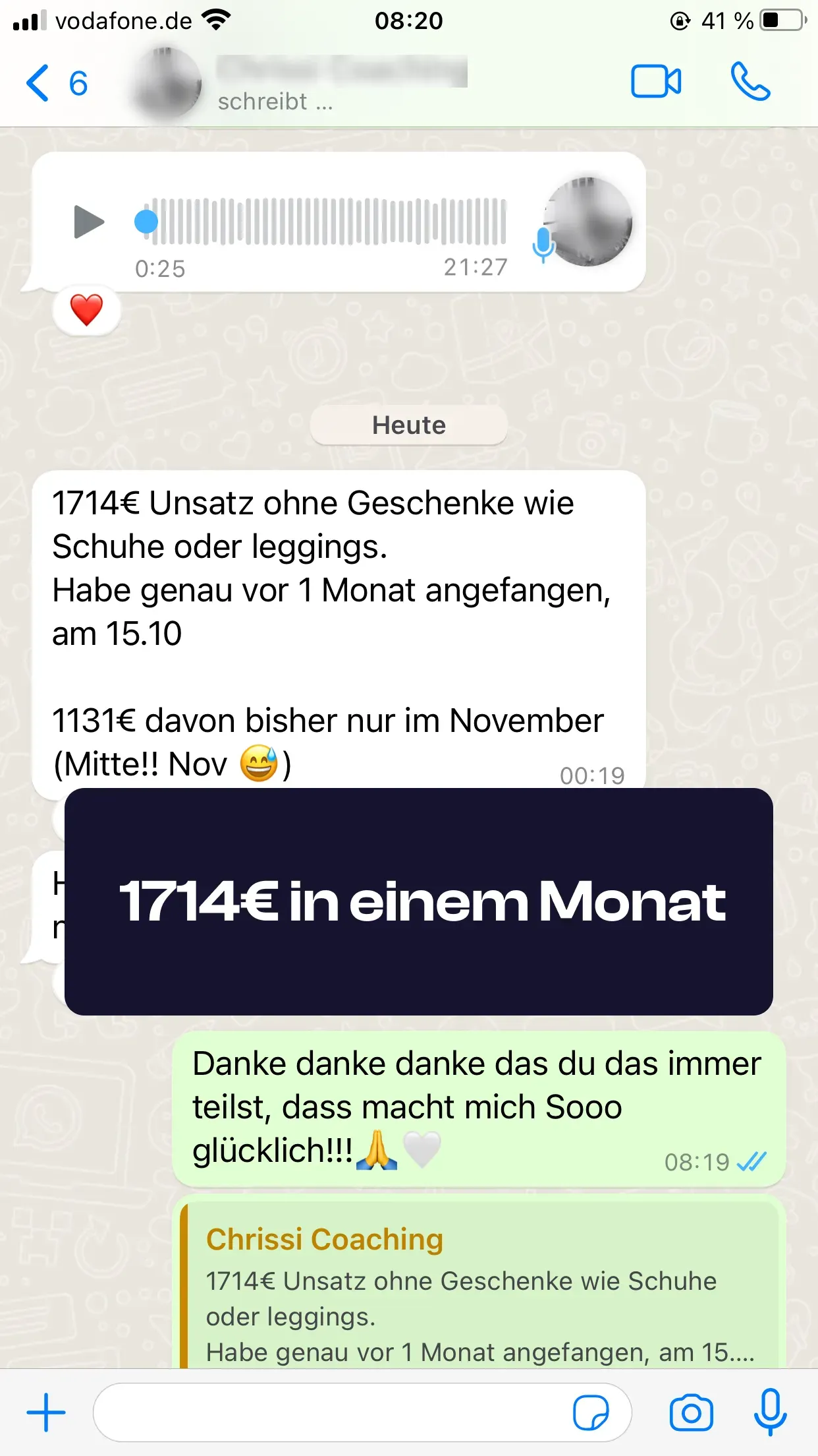 Chat-Screenshot einer Teilnehmerin: 1.714€ in einem Monat